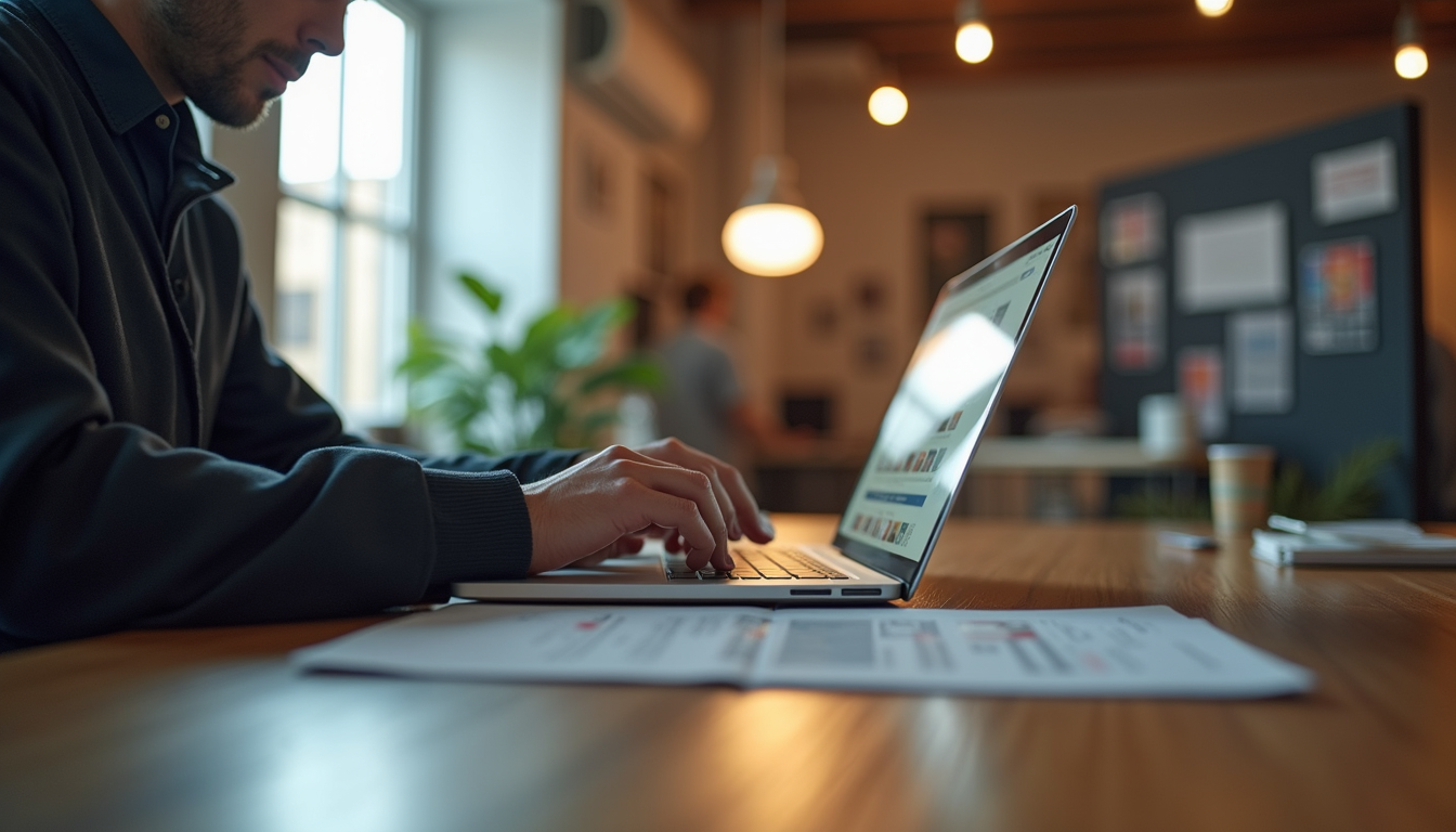 Eye-level view of a designer working on a laptop in a creative studio